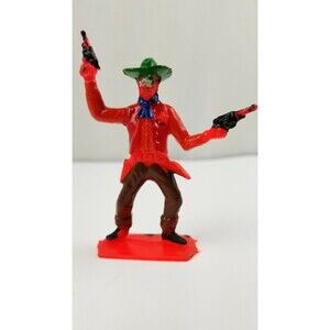 2 5/8" Tim Mee Plastic Cowboy Vintage Wild West Toy Figures Red w Green Hat